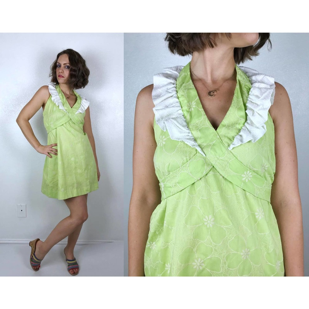 vintage 70s Lime Green RUFFLE Flower Power Mini DRESS Small open back halter mod